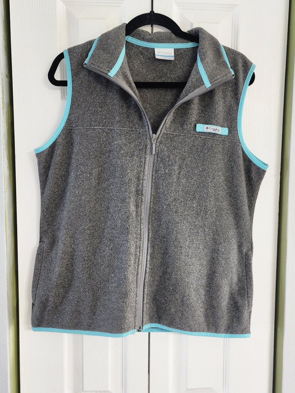 Columbia Gray Fleece Vest with Light Blue Trim